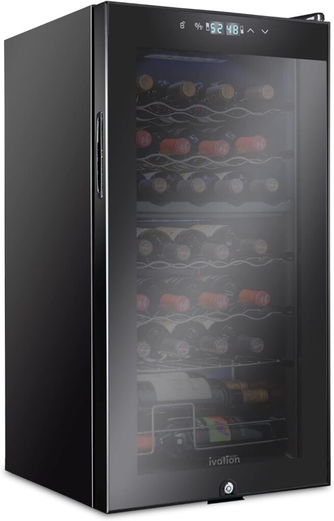 Ivation 28 Bottle Compressor Wine Cooler Refrigerator w/Lock | Large Freestanding Wine Cellar For Red, White, Champagne or Sparkling Wine | 41f-64f Digital Temperature Control Fridge Glass Door Black