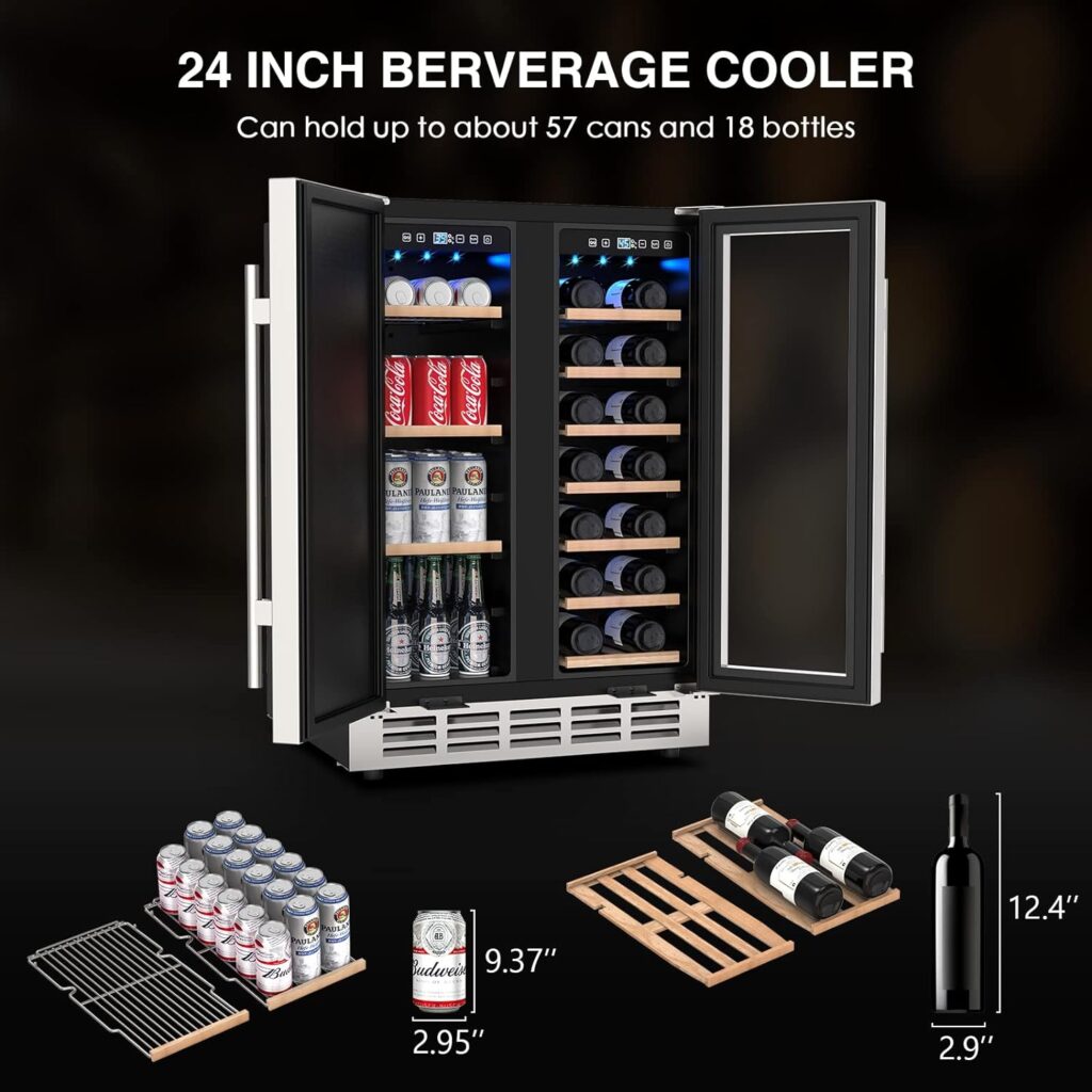 Mojgar 24 Inch Dual Zone Wine Cooler, 51 Bottle Wine Refrigerator with Removeable Shelves Blue Interior Light, Stainless Steel Wine Fridge, Built-in/Freestanding (Dual Zone Silver Door)