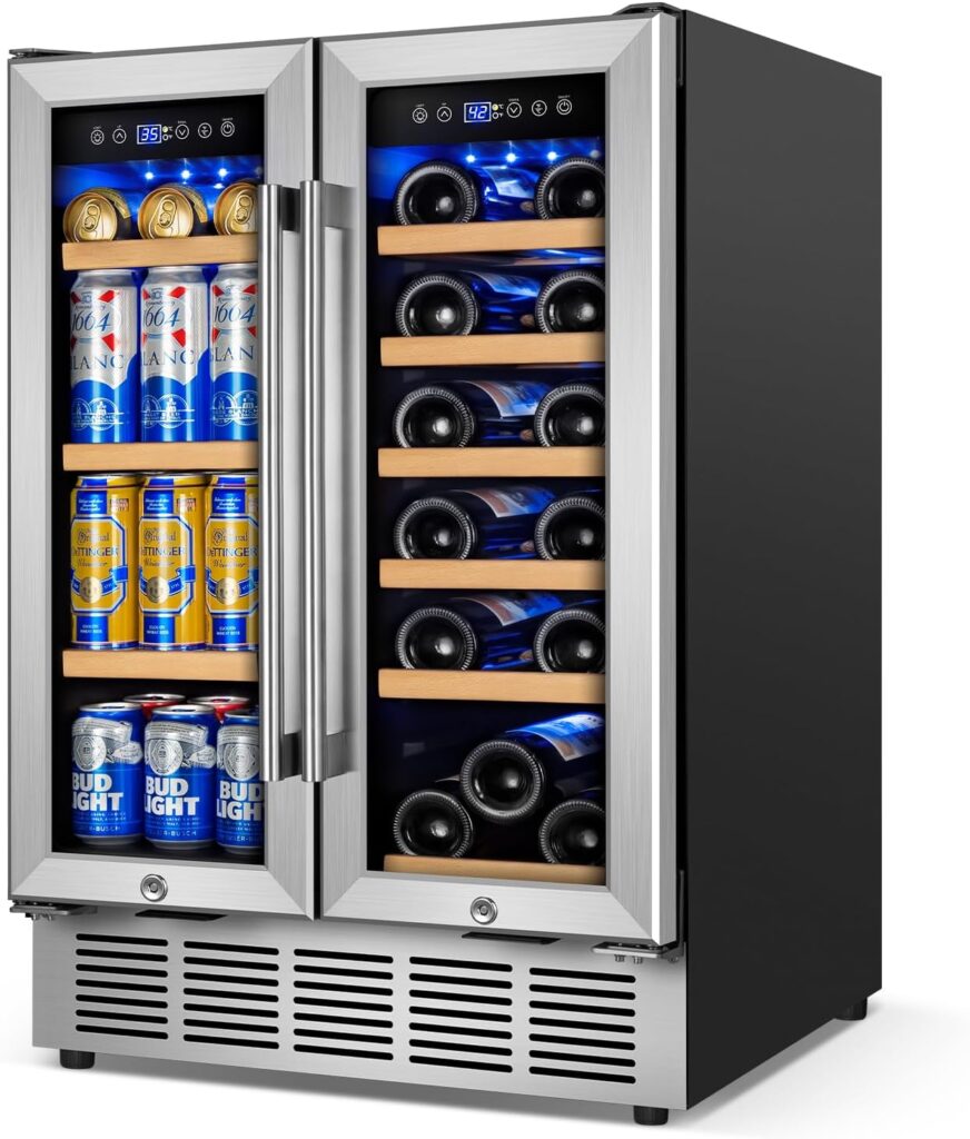 Wine and Beverage Refrigerator with Glass Door, 24-Inch Dual Zone Wine Fridge Under Counter - 18 Bottle and 65 Can Large Capacity Led Blue Light Smart Fast Cooling Wine Cooler