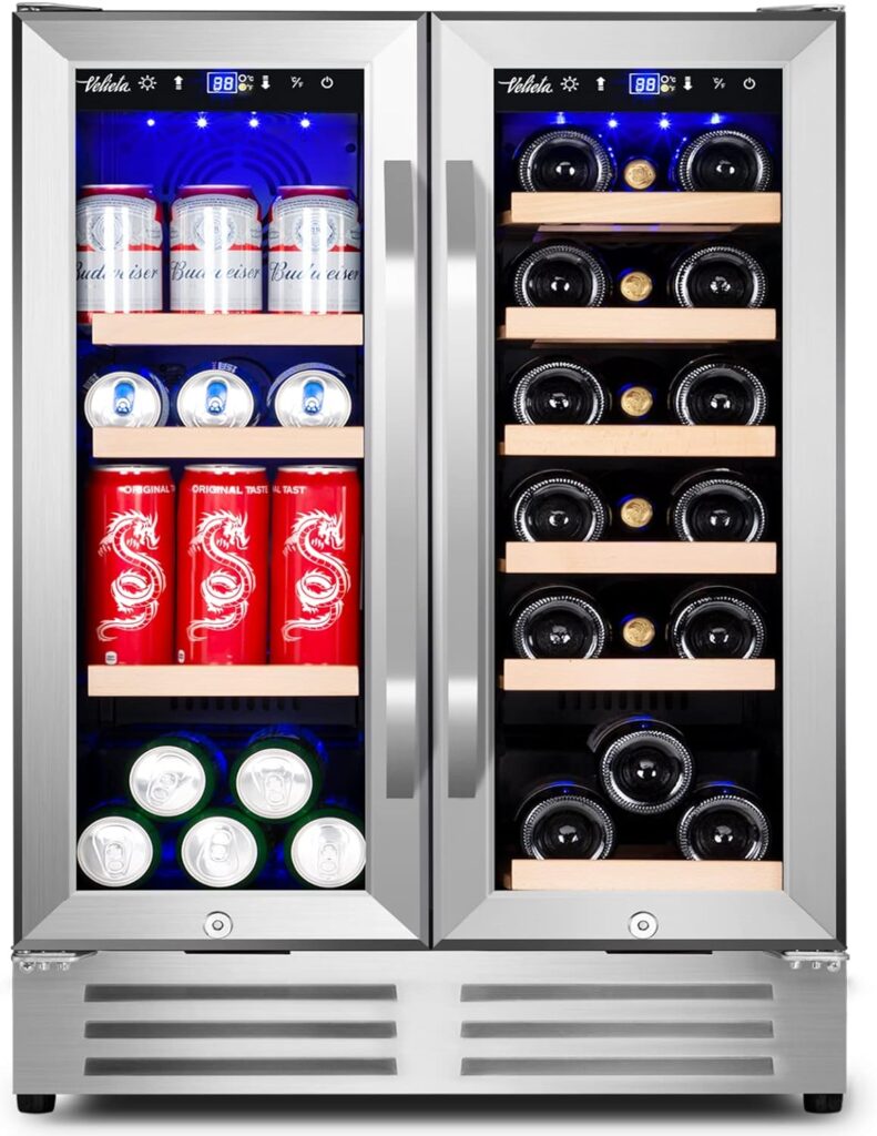 Wine and Beverage Refrigerator,Velieta 24 Inch Dual Zone Fridge with Glass Door, Built-In Cooler with Powerful and Quite Cool System/18 Bottles and 88 Cans Capacity, Stainless Steel silver (KMYL120)